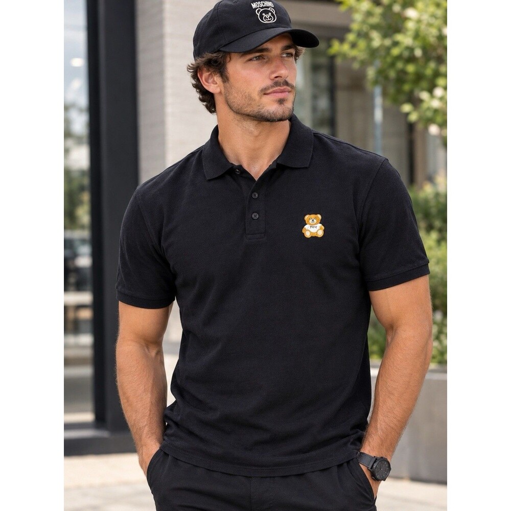 Y2K VTG Moschino Couture Men's Teddy Bear Patch Polo Shirt Black Sz 42 NWT